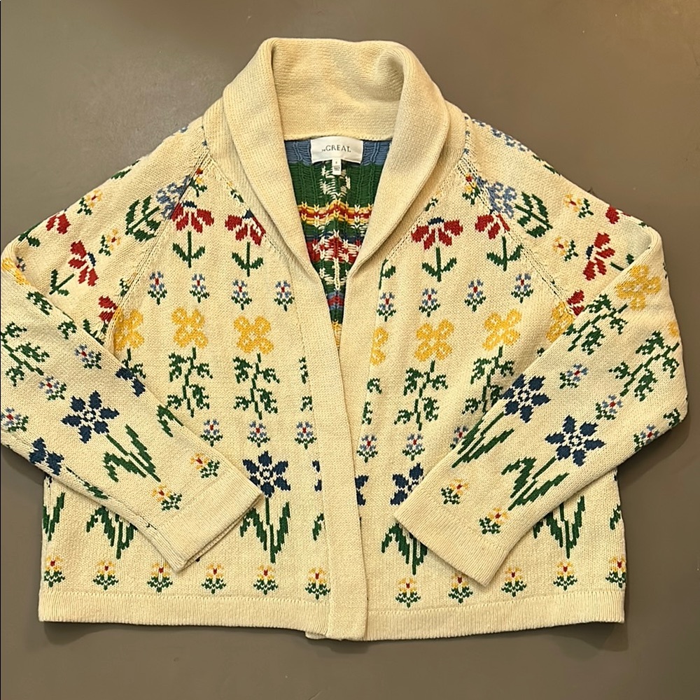 THE GREAT. rare wildflower cotton lodge cardigan sweater 2 M floral shawl collar
